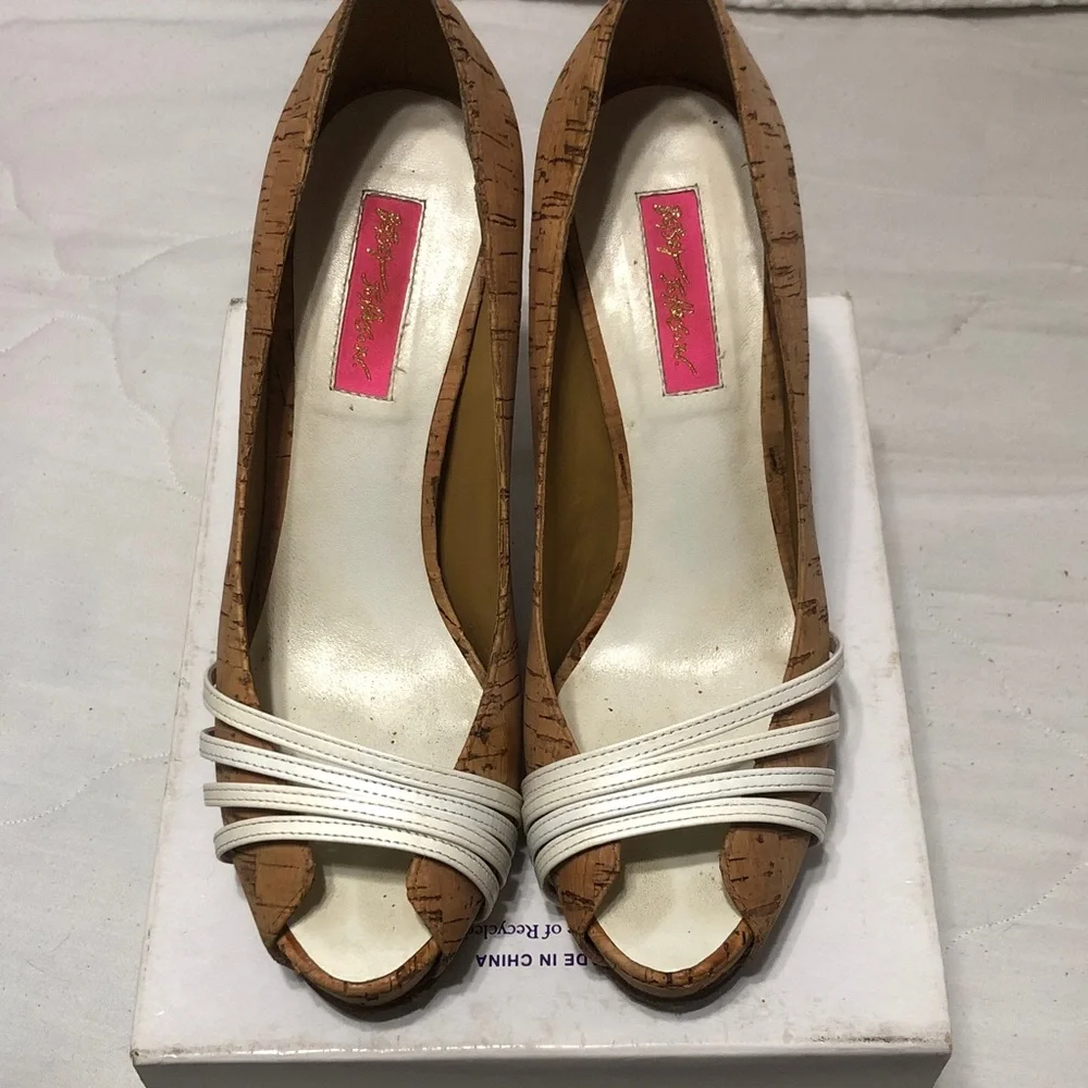 Betsey Johnson Cork Peep-Toe Pumps with White Straps
